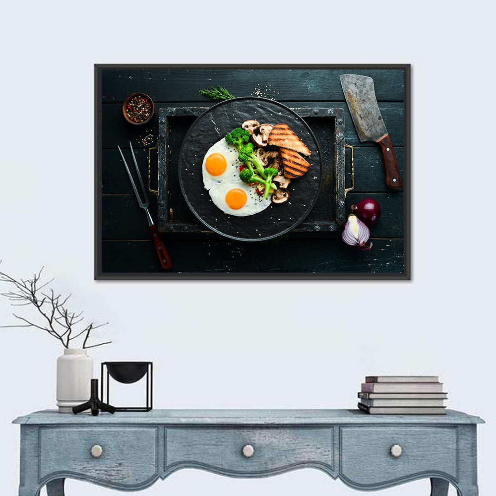 Top Down Fried Eggs Breakfast Platter Wall Art in a room, landscape