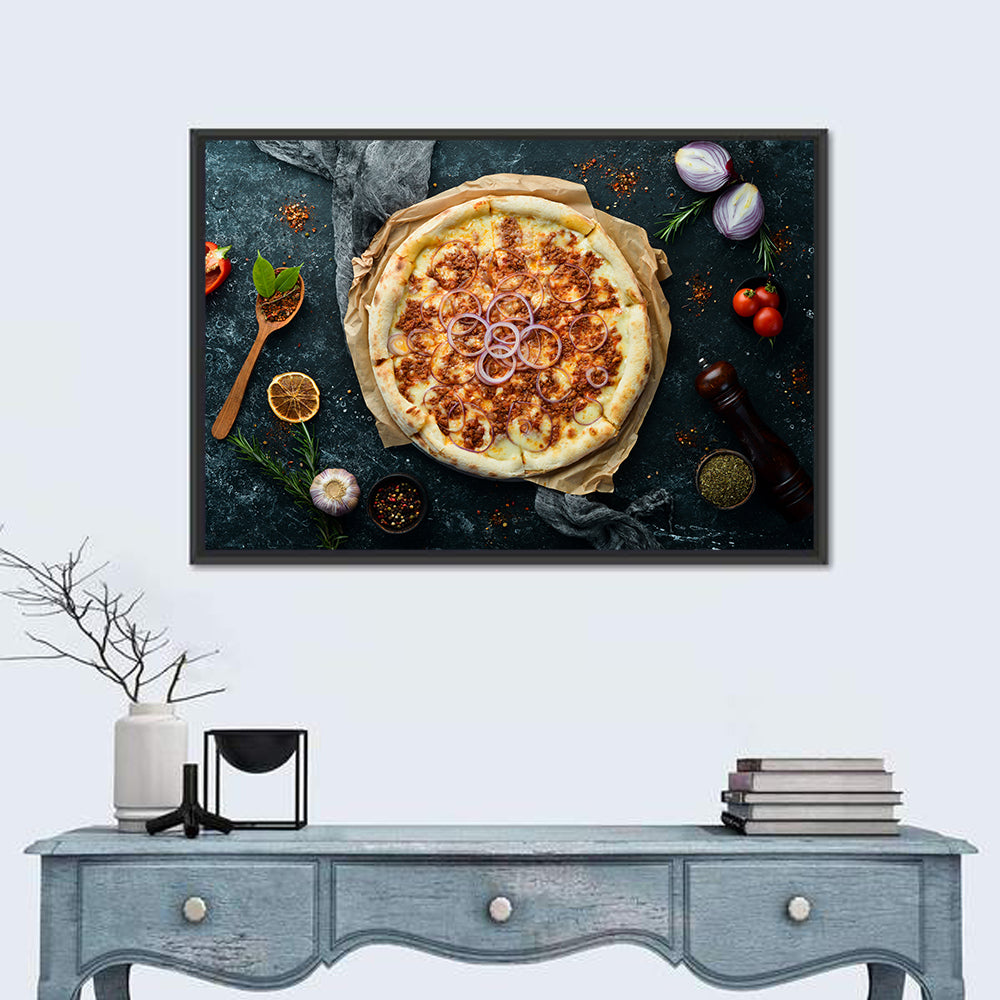 Spicy Pizza with Red Onion Wall Art in a room, landscape