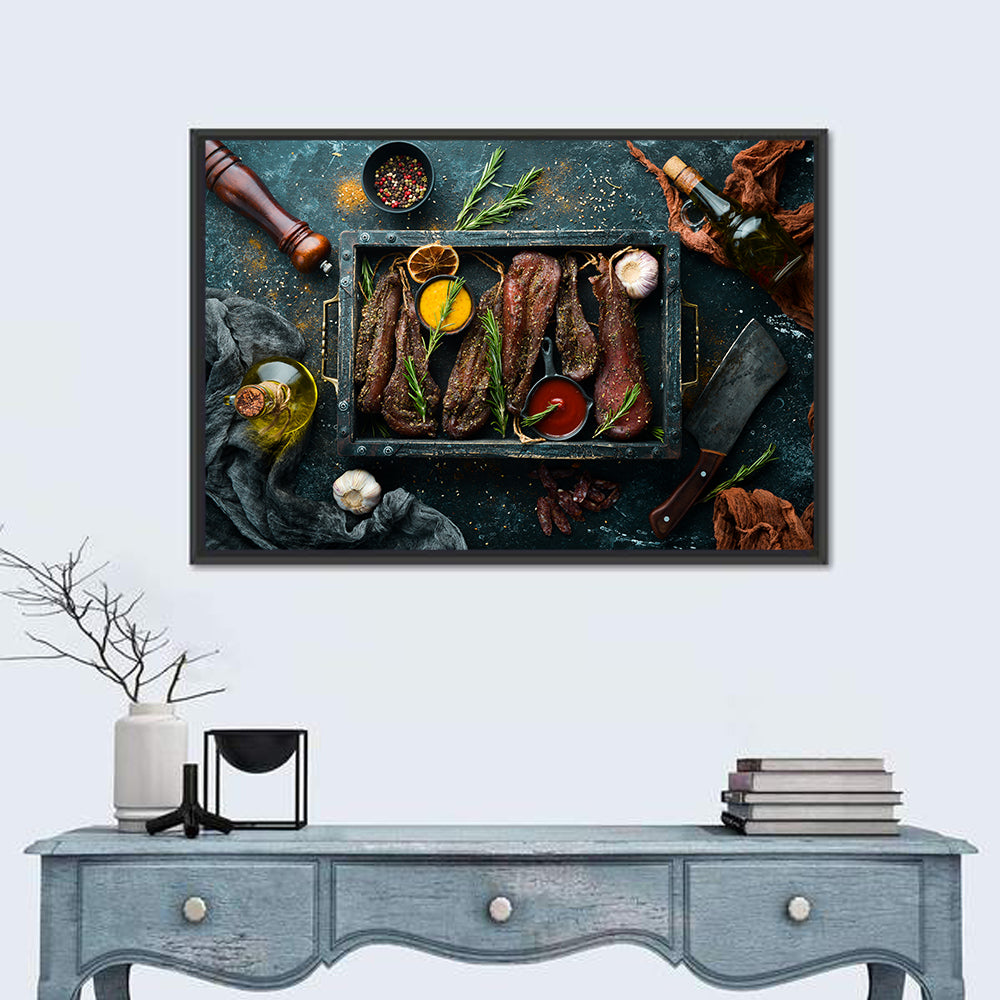 Charcuterie Tray with Dried Chicken Wall Art in a room, landscape