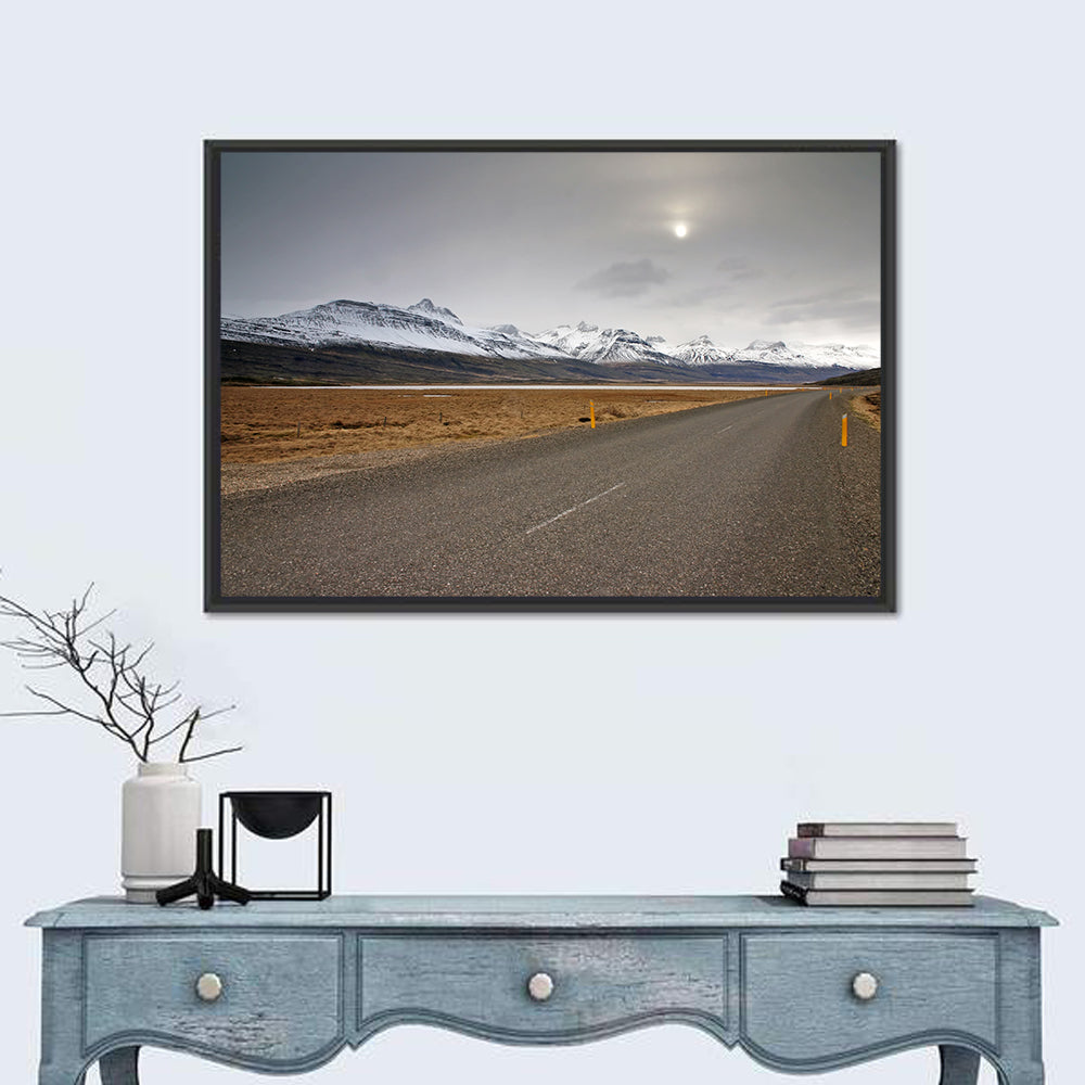Icelandic Road to Snow-capped Mountains Wall Art in a room, landscape