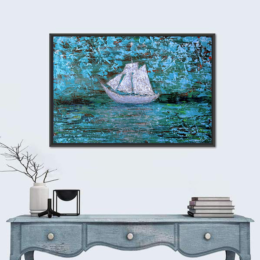 White Sailboat Reflection Wall Art in a room, landscape