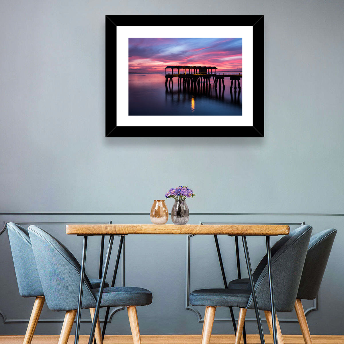 Jekyll Island Dusk Pier Wall Art in a room, landscape