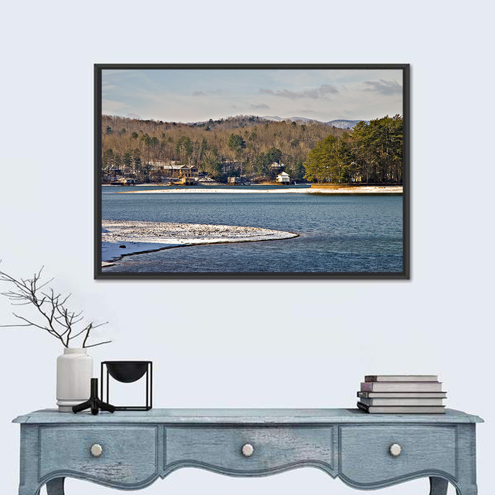 Lake Burton Winter Shoreline Wall Art in a room, landscape