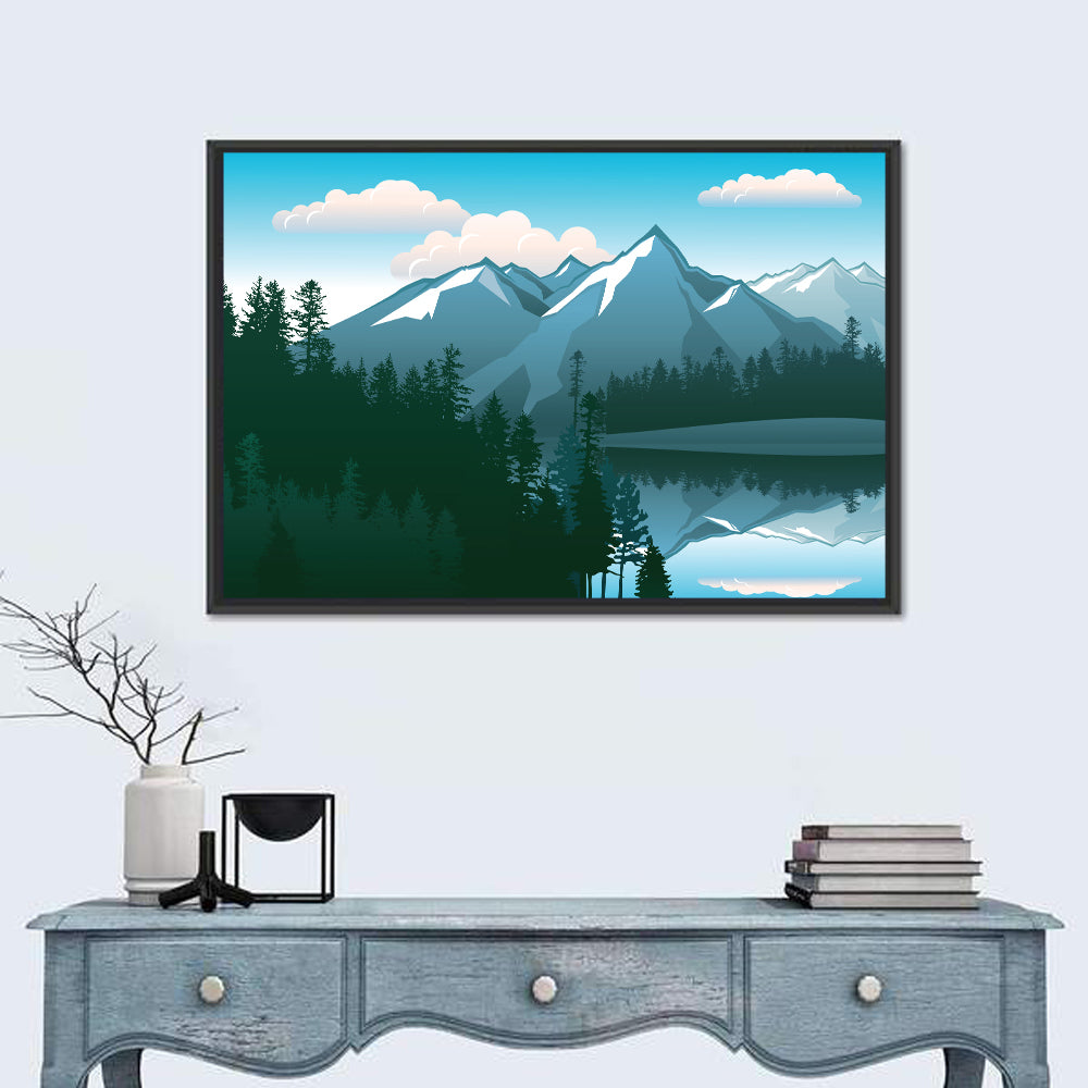 Tranquil Mountain Lake Illustration Wall Art in a room, landscape
