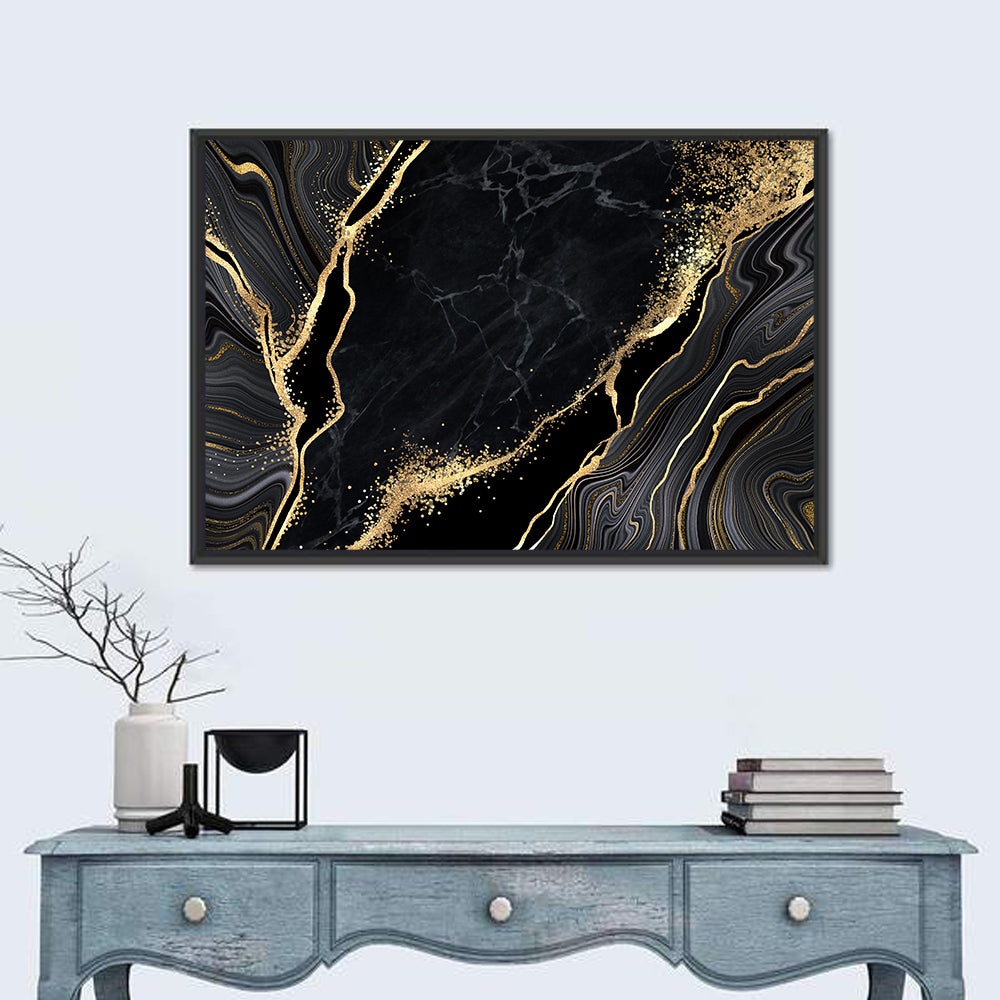 Gold Glitter Black Marble Abstract Wall Art - Canvas Piece