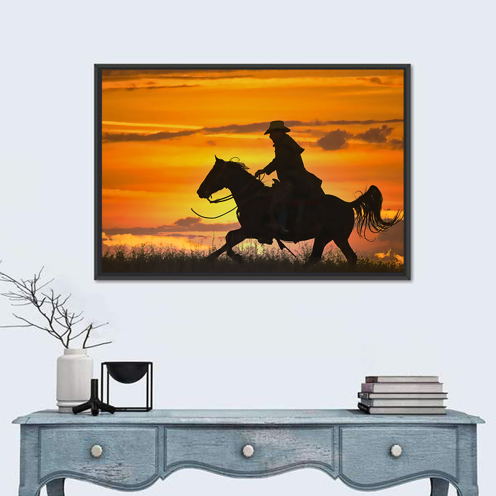 Cowboy and Horse at Sunset Wall Art in a room, landscape