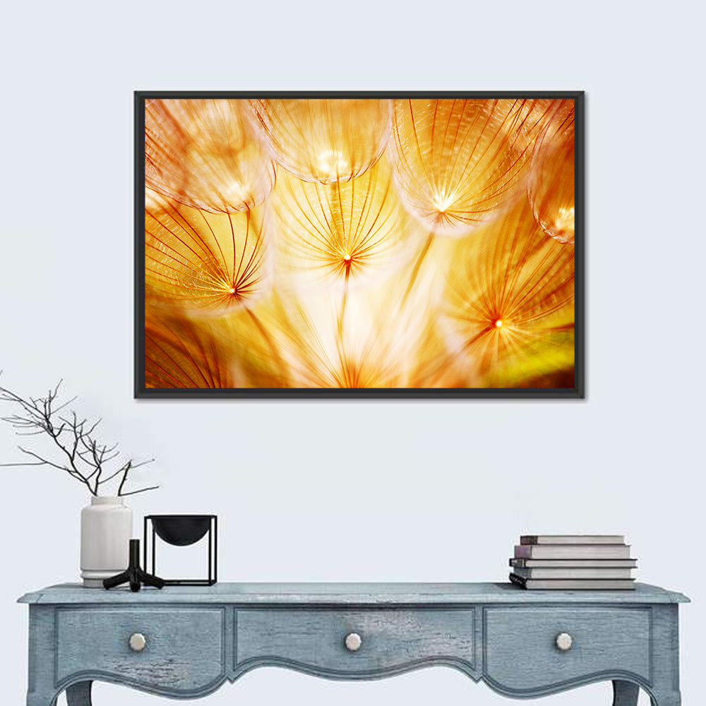 Golden Hour Dandelion Seed Macro Abstract Wall Art in a room, landscape