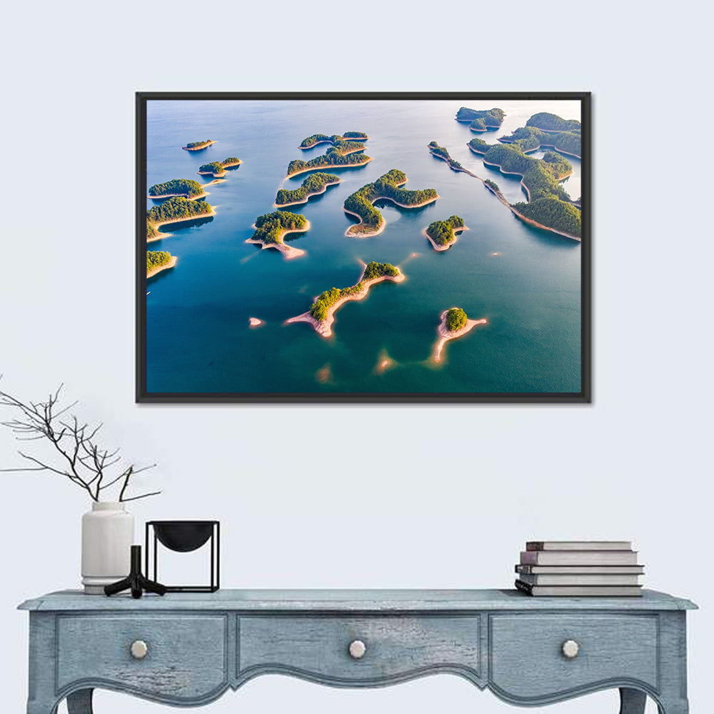 Qiandao Lake Aerial View Wall Art in a room, landscape