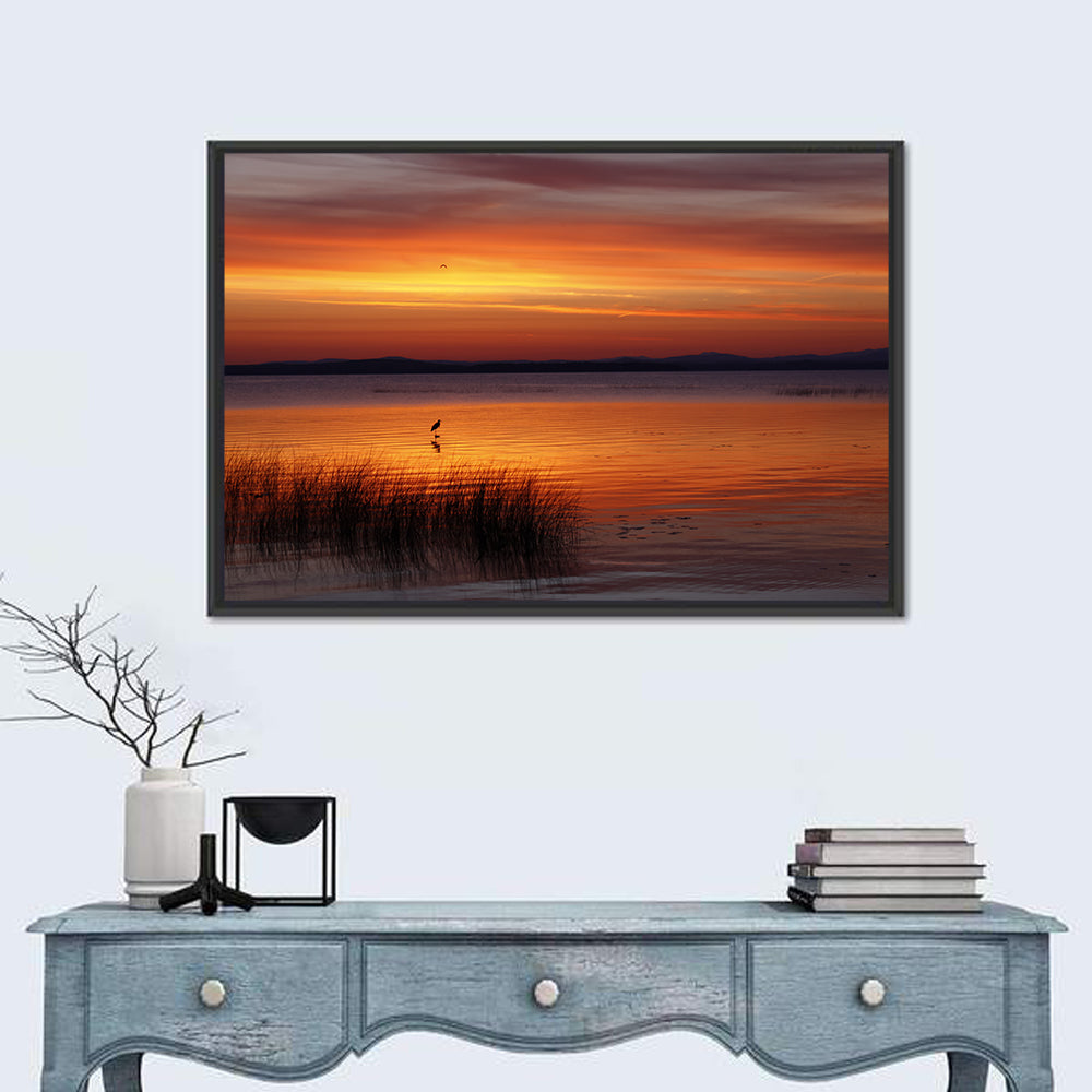 Lake Champlain Sunrise with Heron Wall Art in a room, landscape