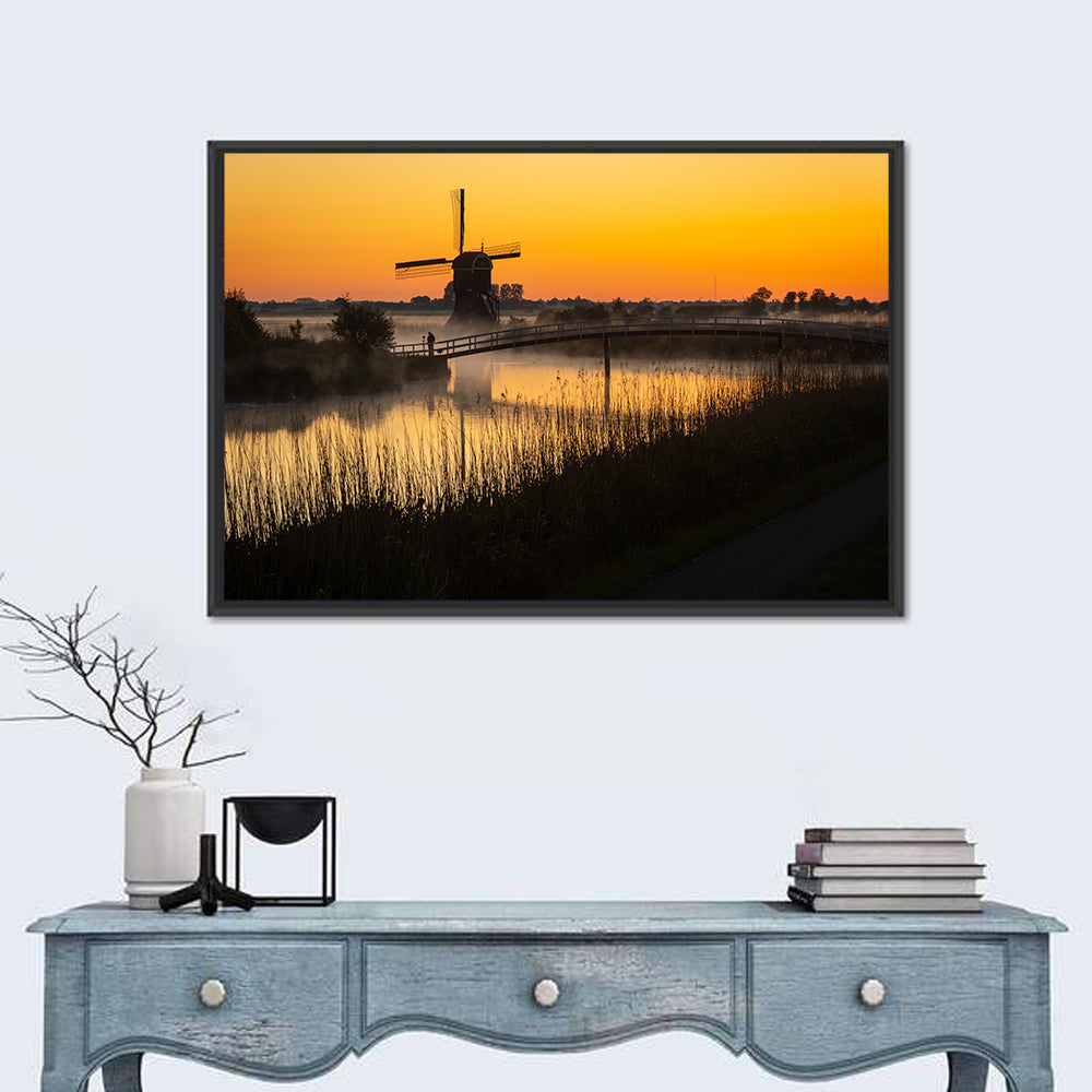 Misty Sunrise Windmill Wall Art in a room, landscape