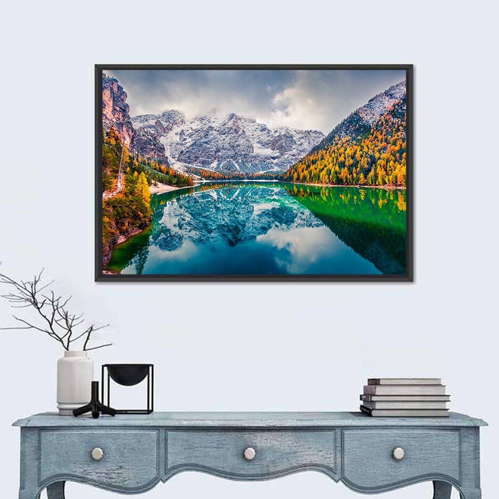 Lago Di Braies Reflection Wall Art in a room, landscape