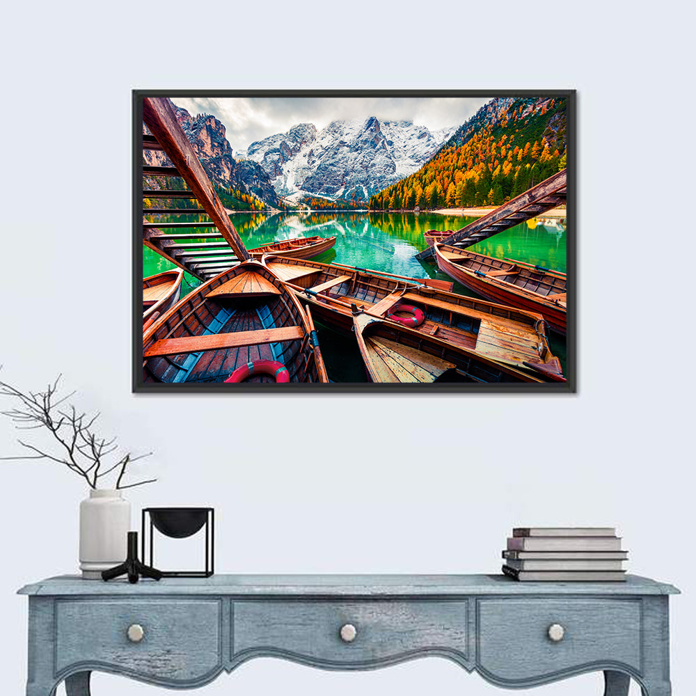 Braies Lake Wooden Stairs and Seekofel Mount Wall Art in a room, landscape
