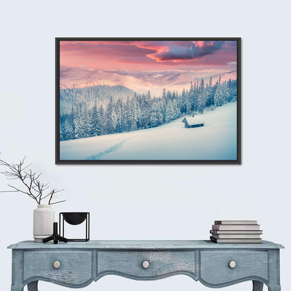 Cabin at Winter Sunrise Wall Art in a room, landscape