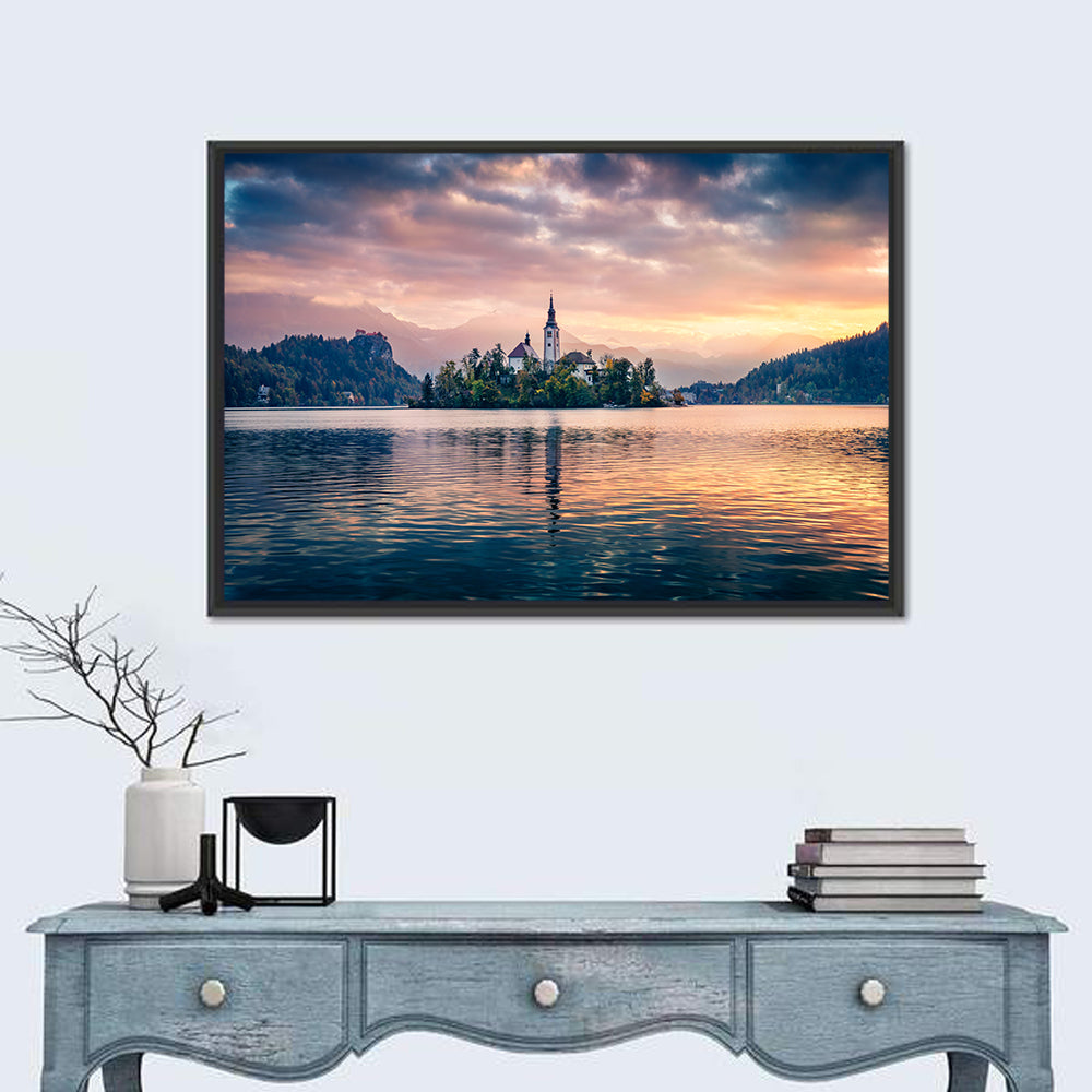 Golden Hour at Bled Island Wall Art in a room, landscape