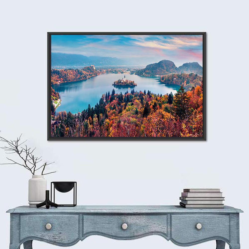 Sunset Over Lake Bled Wall Art in a room, landscape
