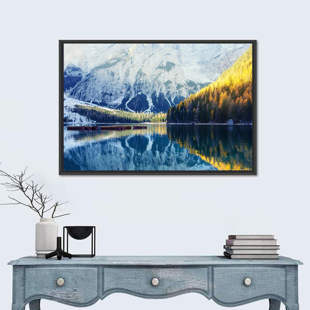 Lago Di Braies Reflection Wall Art in a room, landscape