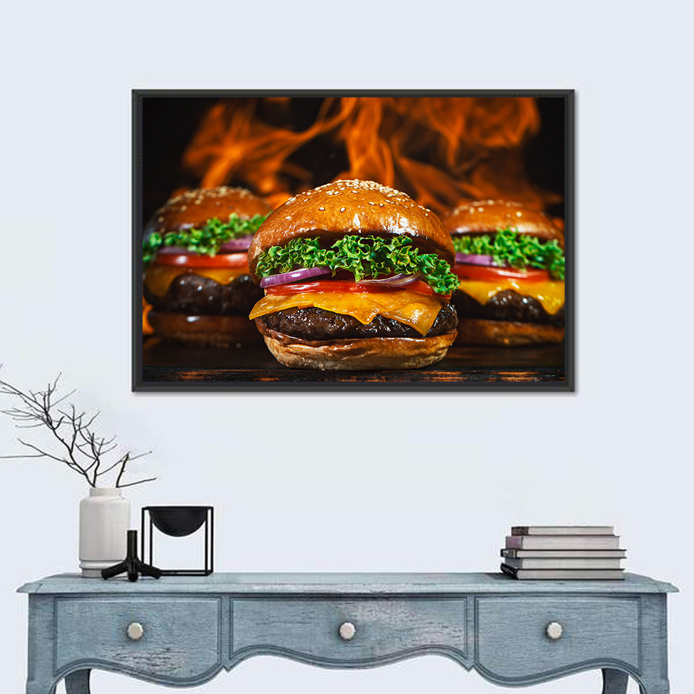 Three Flame Grilled Cheeseburgers Wall Art in a room, landscape