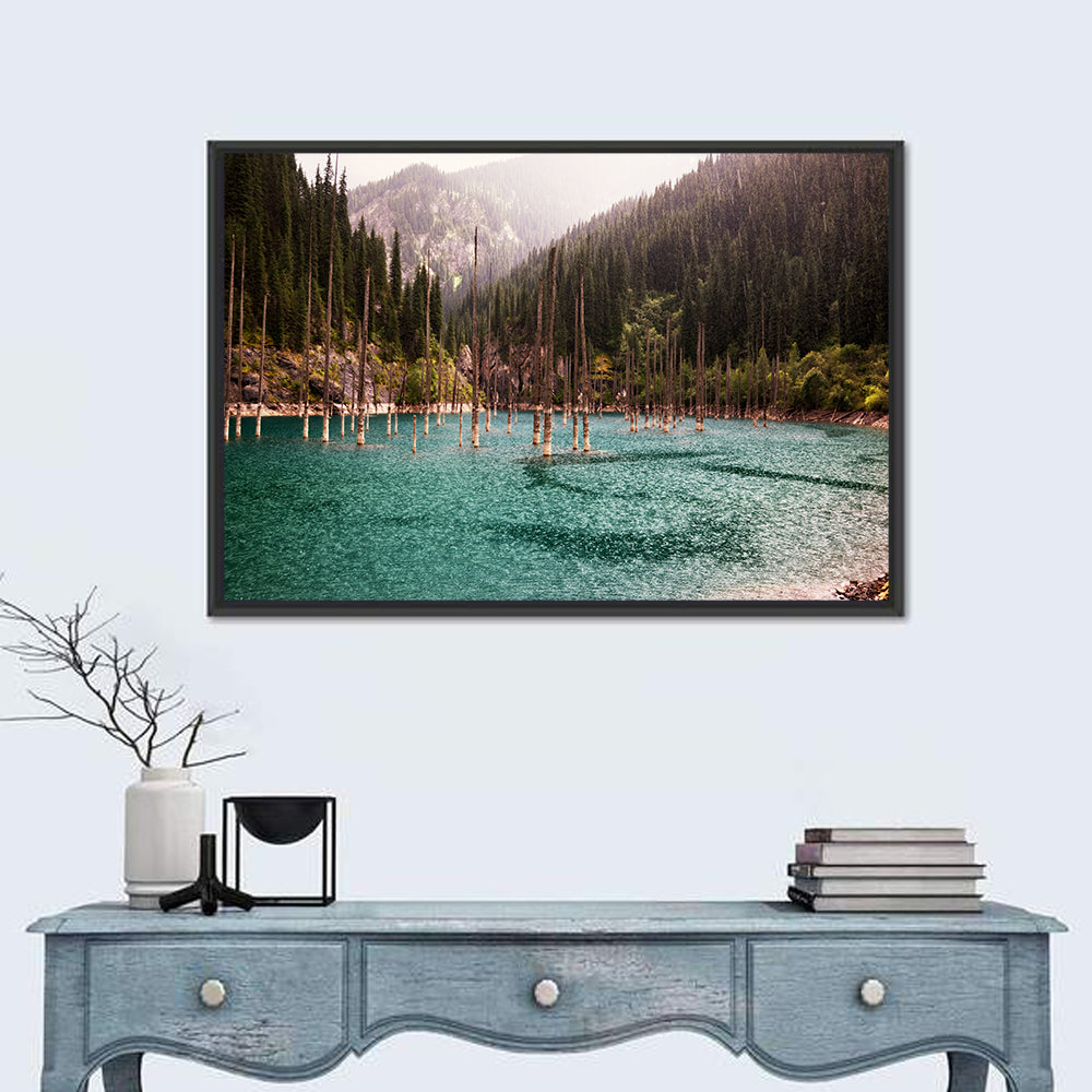 Kaindy Lake Submerged Spruces Wall Art in a room, landscape