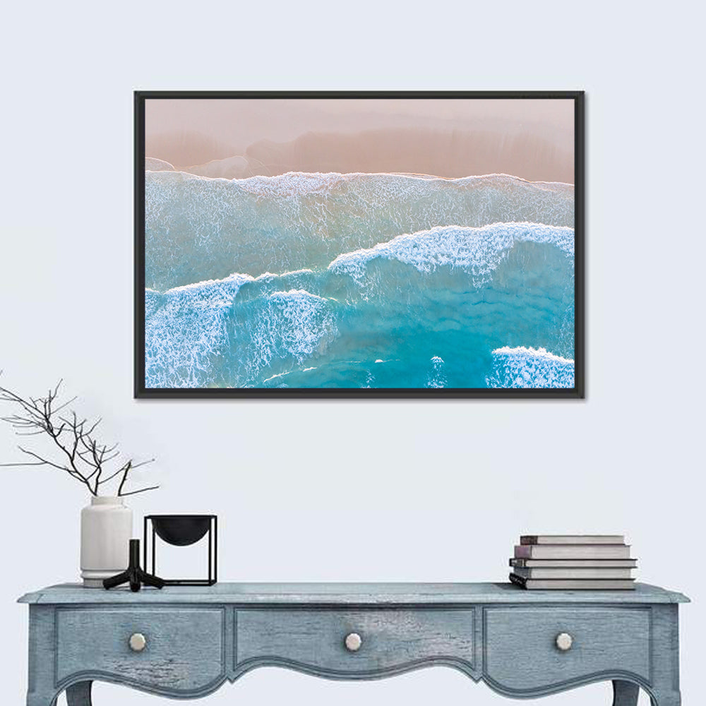 Turquoise Shoreline Aerial View Wall Art in a room, landscape