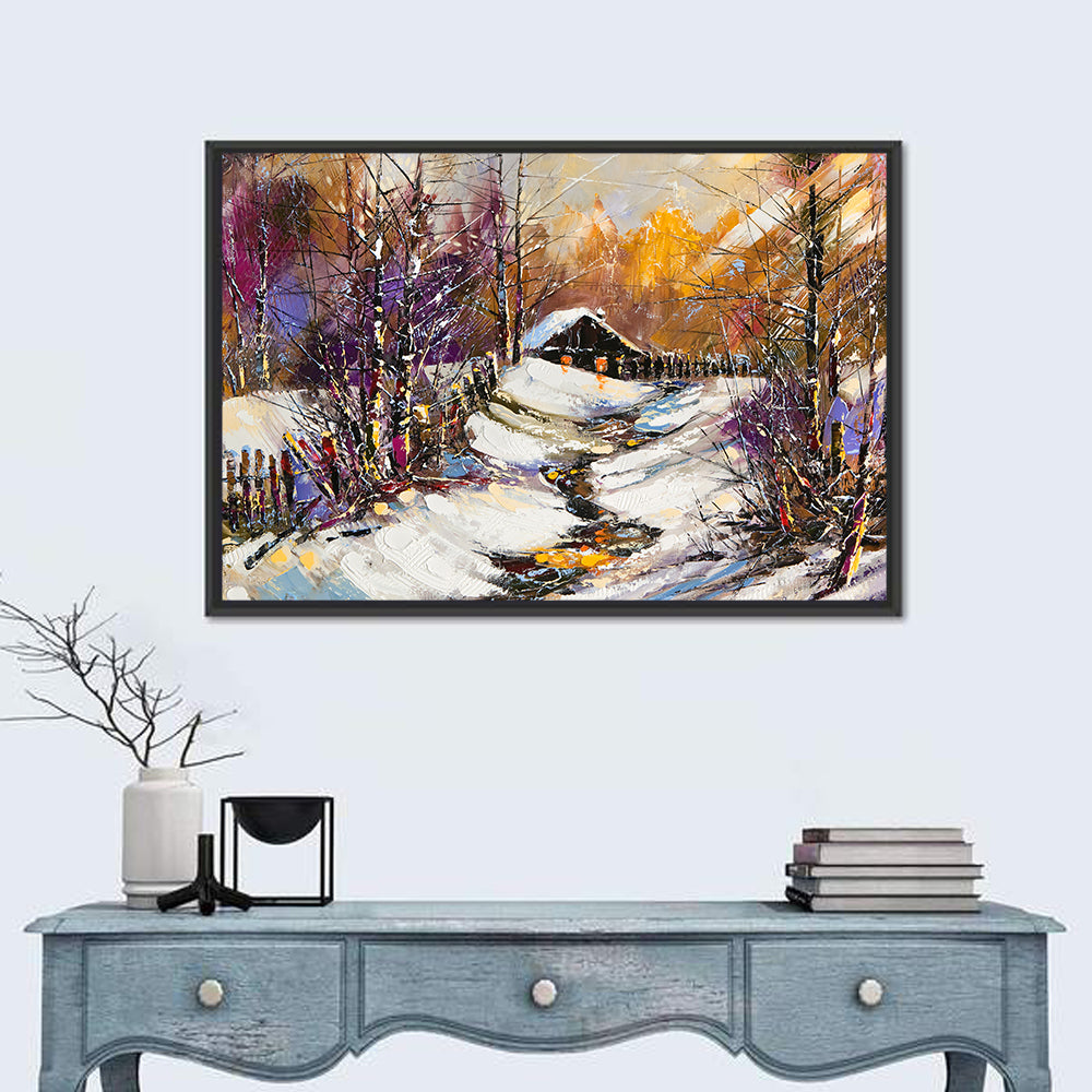 Snowy Path to Cabin Wall Art in a room, landscape