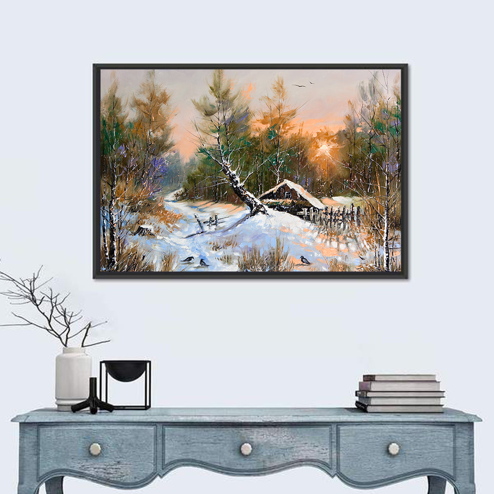 Winter Forest Path with Cabin Wall Art in a room, landscape