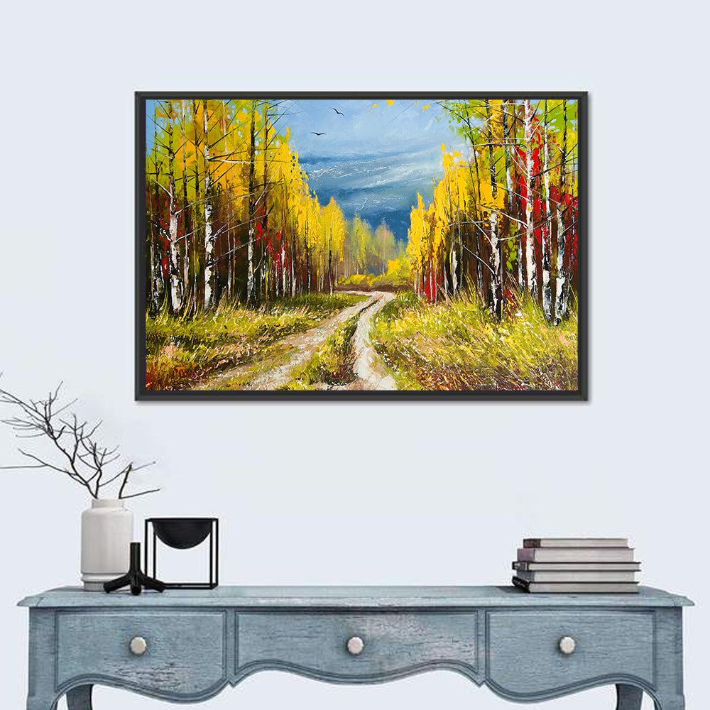 Autumn Birch Path with Two Birds Wall Art in a room, landscape