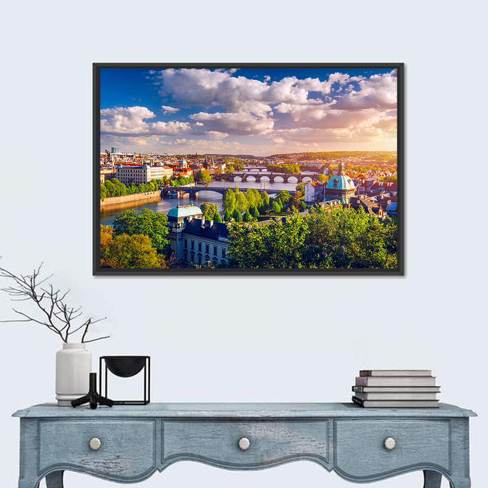 Prague Golden Hour Over Charles Bridge Wall Art in a room, landscape