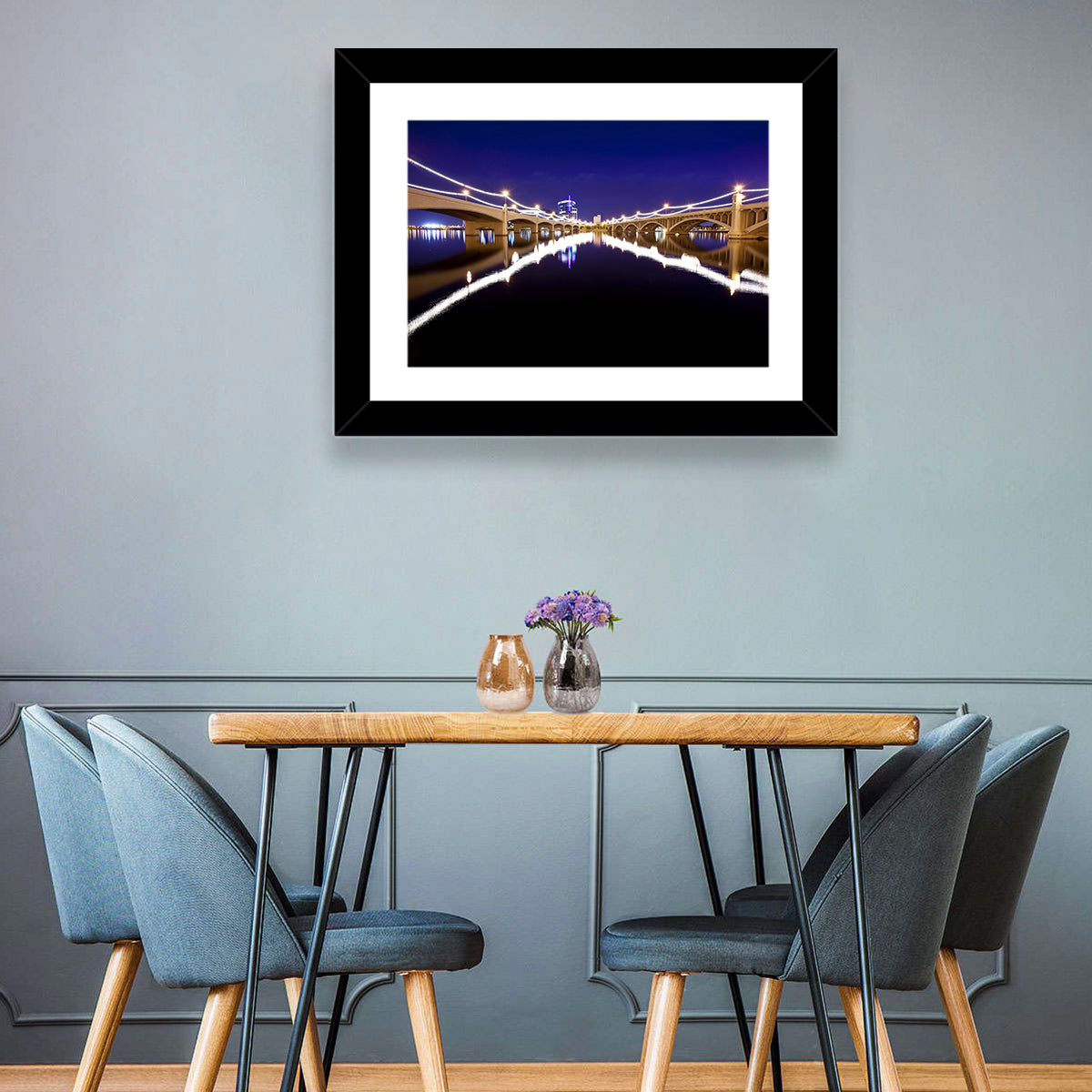 Mill Avenue Bridge Night Reflections Wall Art in a room, landscape
