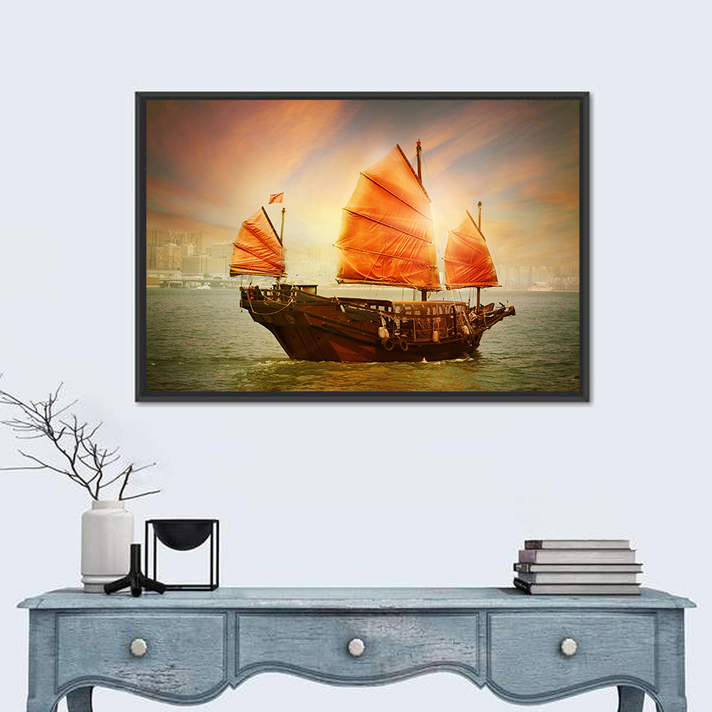 Red Sailed Junk at Victoria Harbour Wall Art in a room, landscape