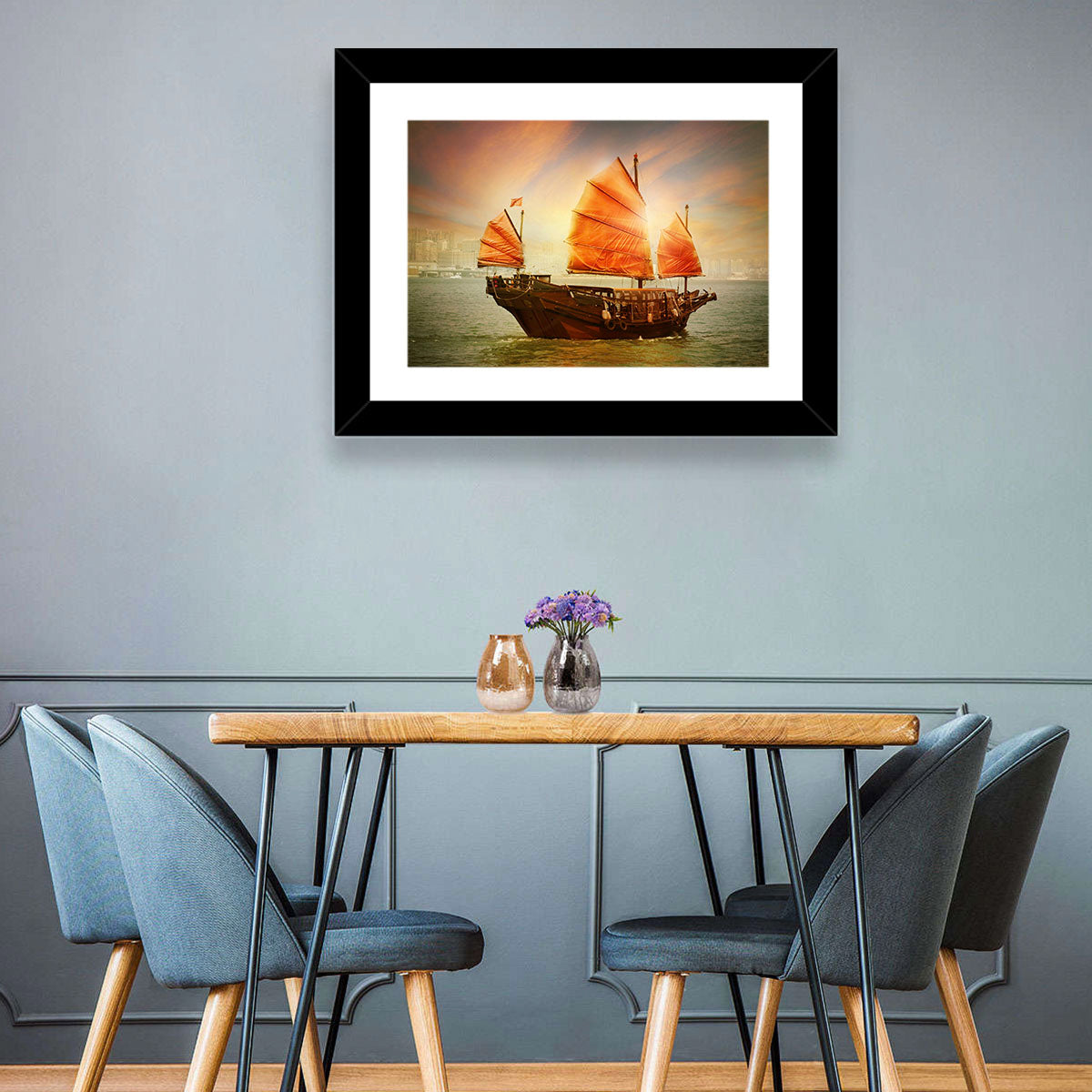 Red Sailed Junk at Victoria Harbour Wall Art in a room, landscape