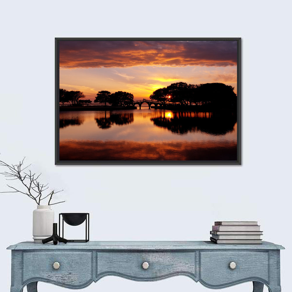 Tranquility Bridge at Sunset Wall Art in a room, landscape