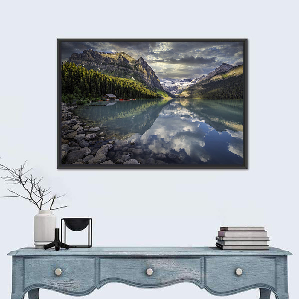 Cloudy Lake Louise Wall Art in a room, landscape