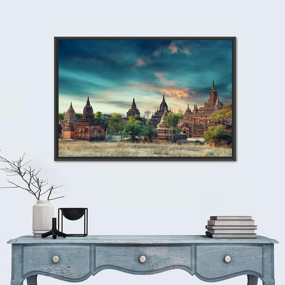Bagan Ancient Pagodas at Sunrise Wall Art in a room, landscape