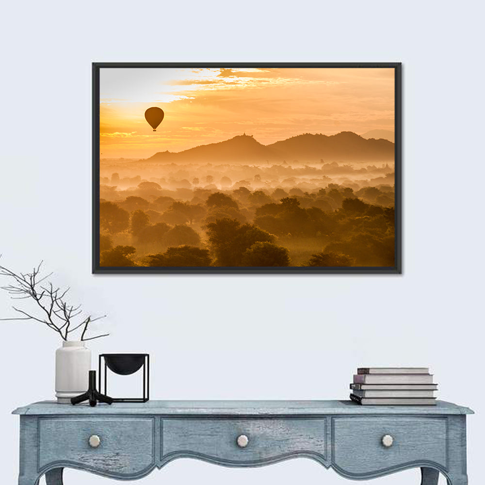 Hot Air Balloon Over Old Bagan Wall Art in a room, landscape