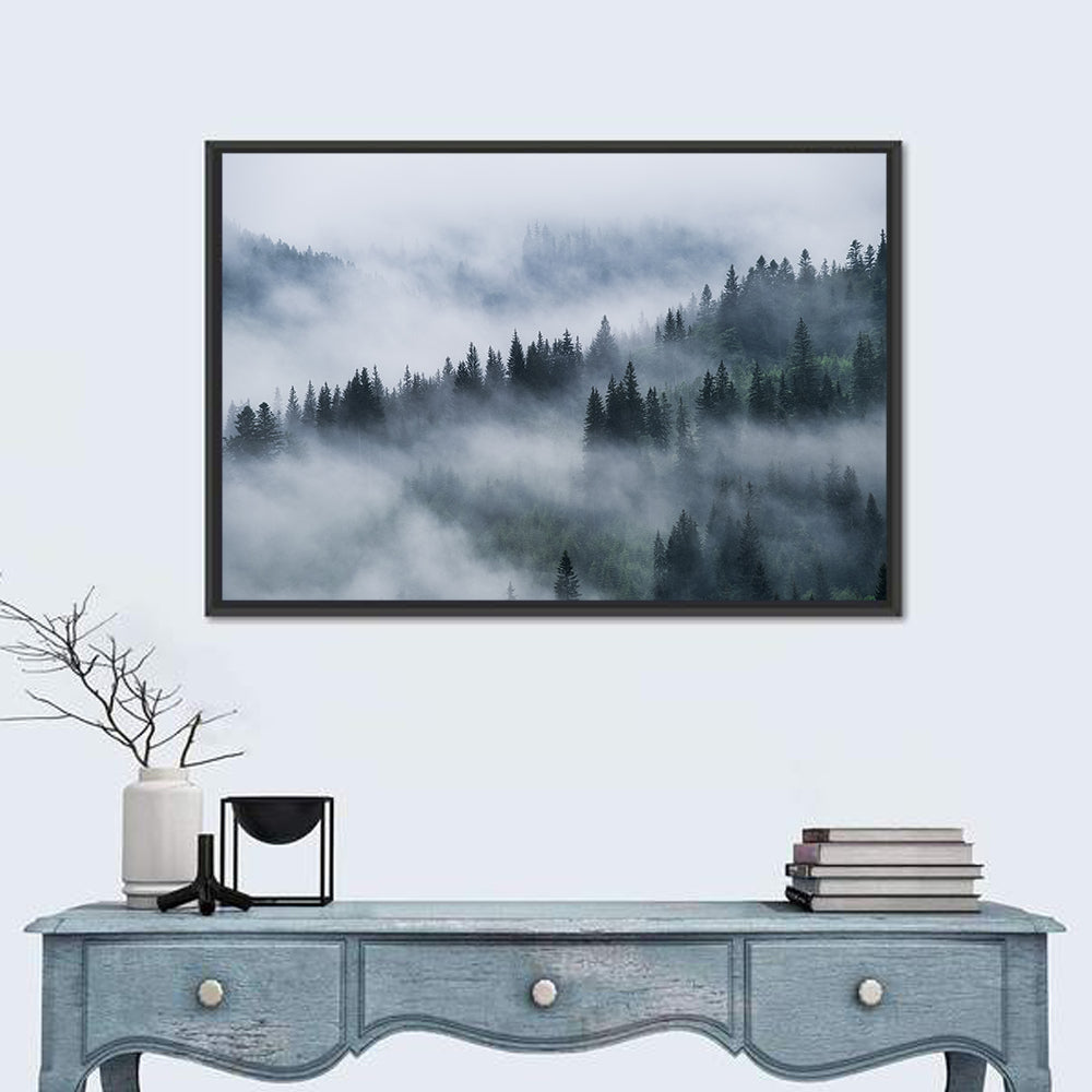 Misty Mountain Pine Forest Wall Art in a room, landscape