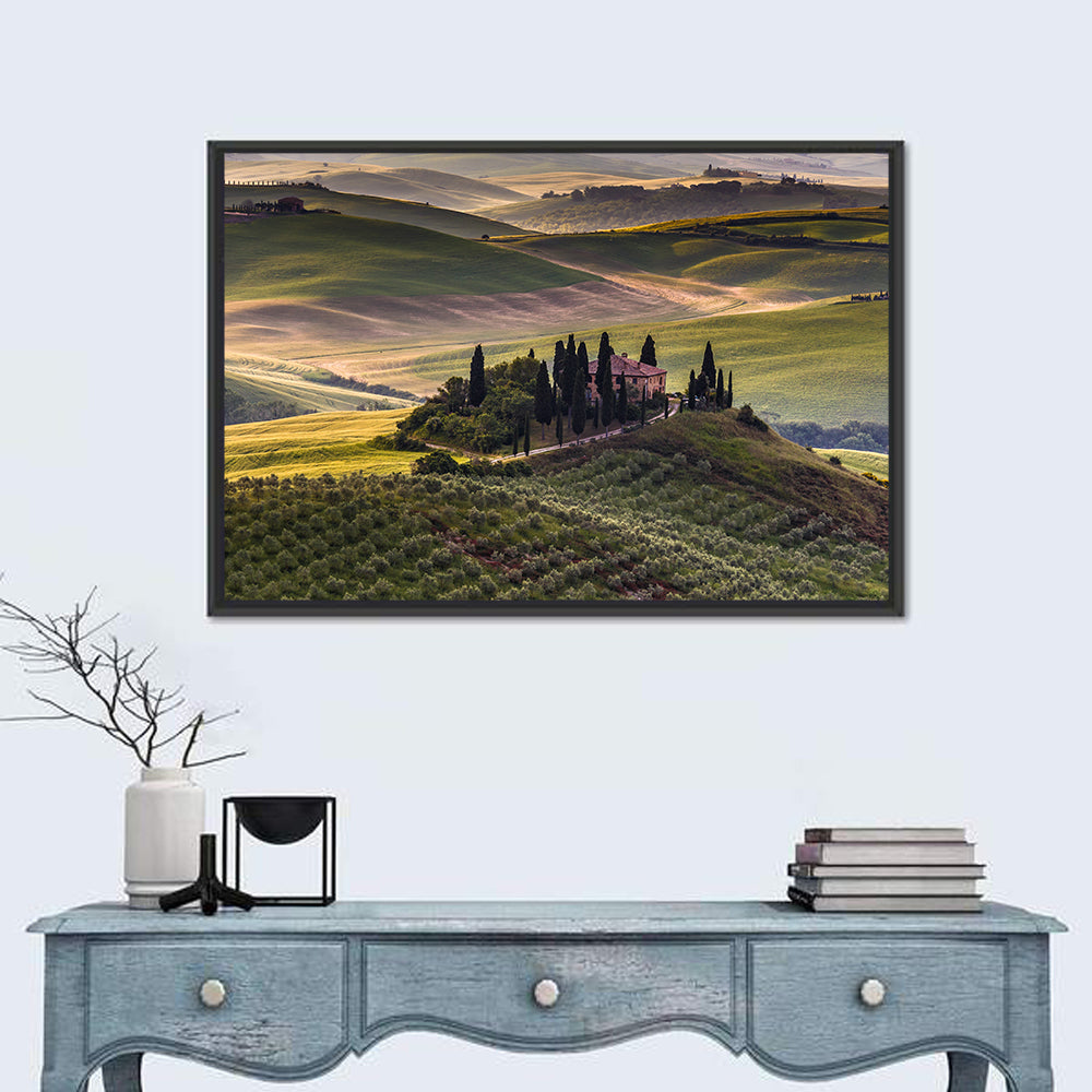 Val D'orcia Meadow Hills Wall Art in a room, landscape