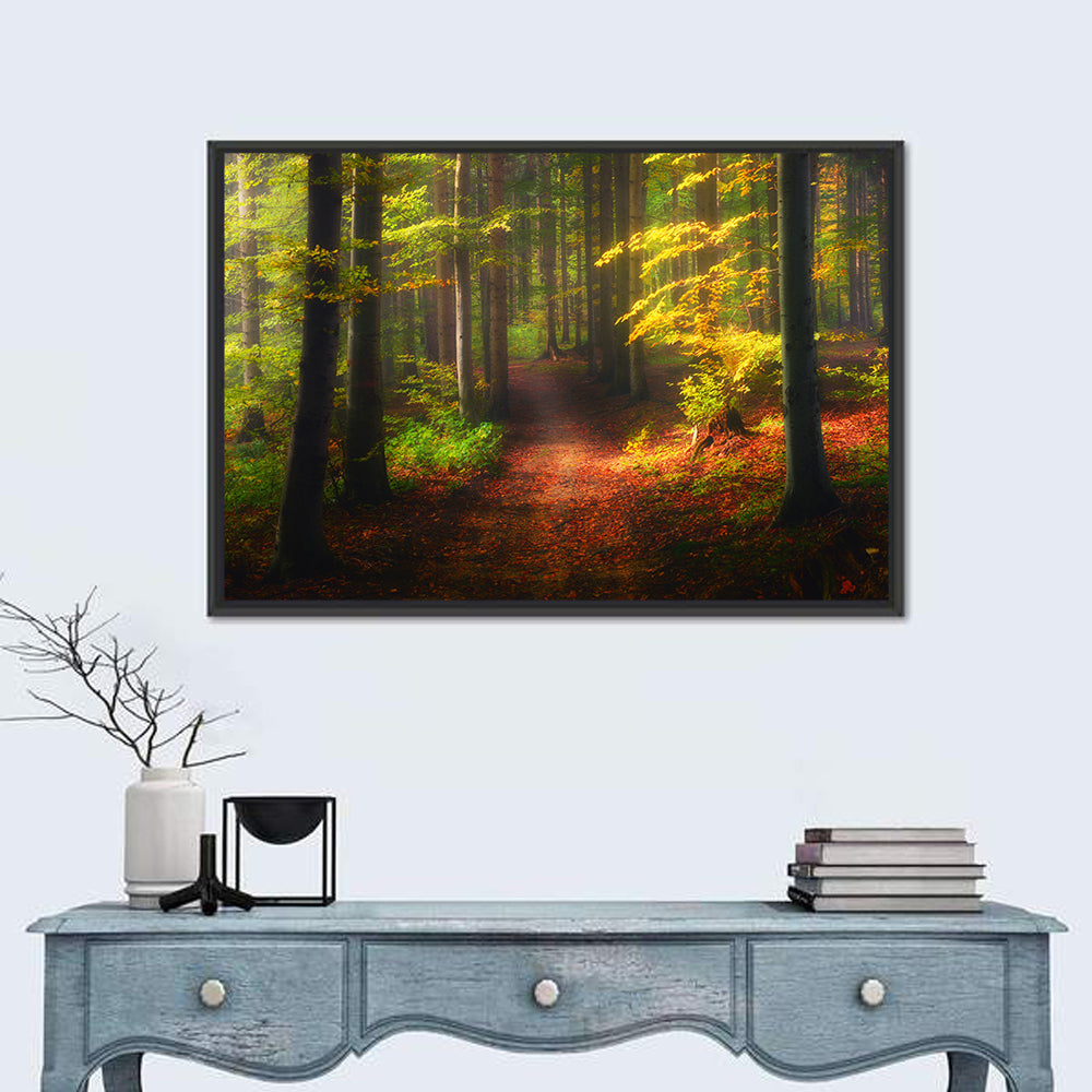 Autumn Forest Pathway Wall Art in a room, landscape