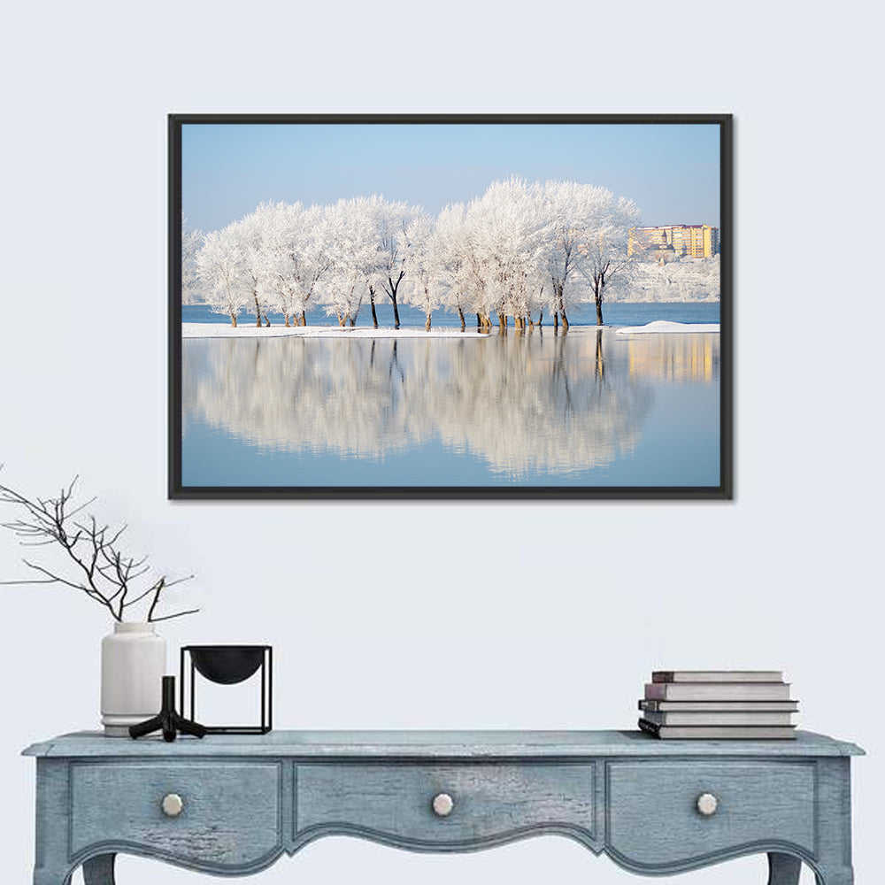 Winter Lake Reflection Wall Art in a room, landscape