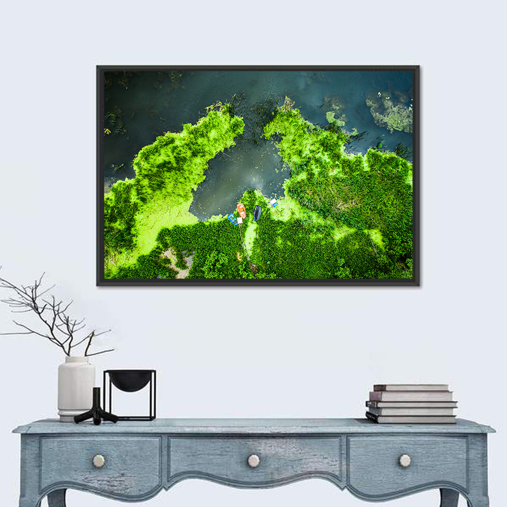 Green Algae Lake with Boats Wall Art in a room, landscape