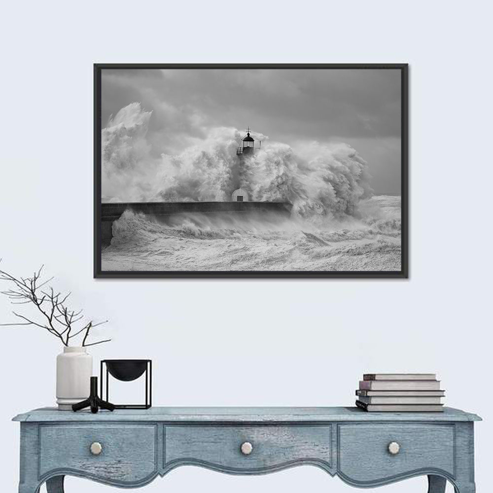 Douro River Storm Lighthouse Wall Art in a room, landscape