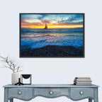 Sunset Sailboat Over Pebble Shore Wall Art