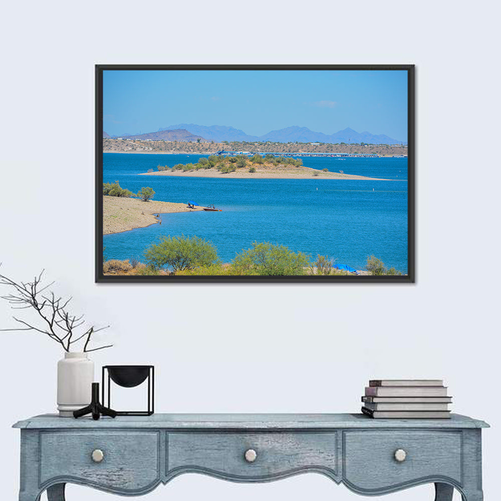 Lake Pleasant Shoreline with Boat Wall Art in a room, landscape