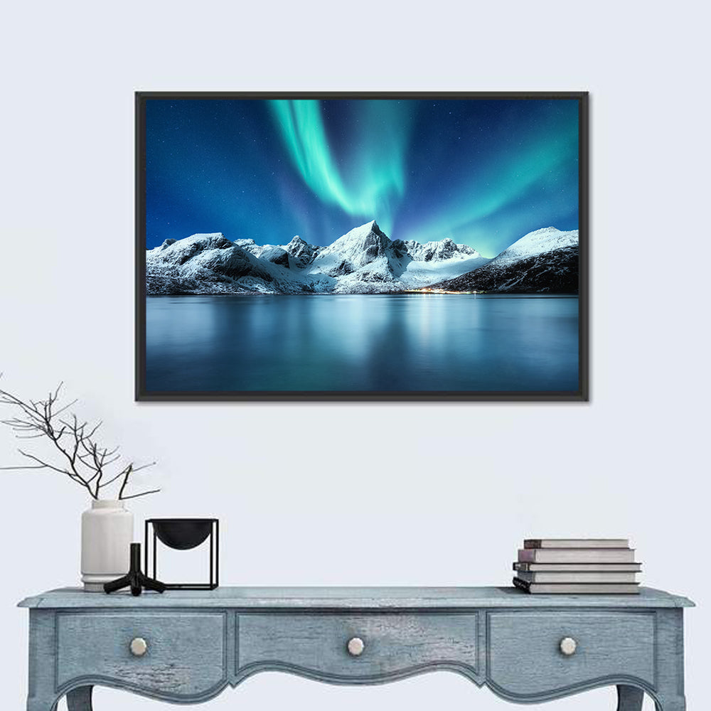 Lofoten Aurora Reflection Wall Art in a room, landscape