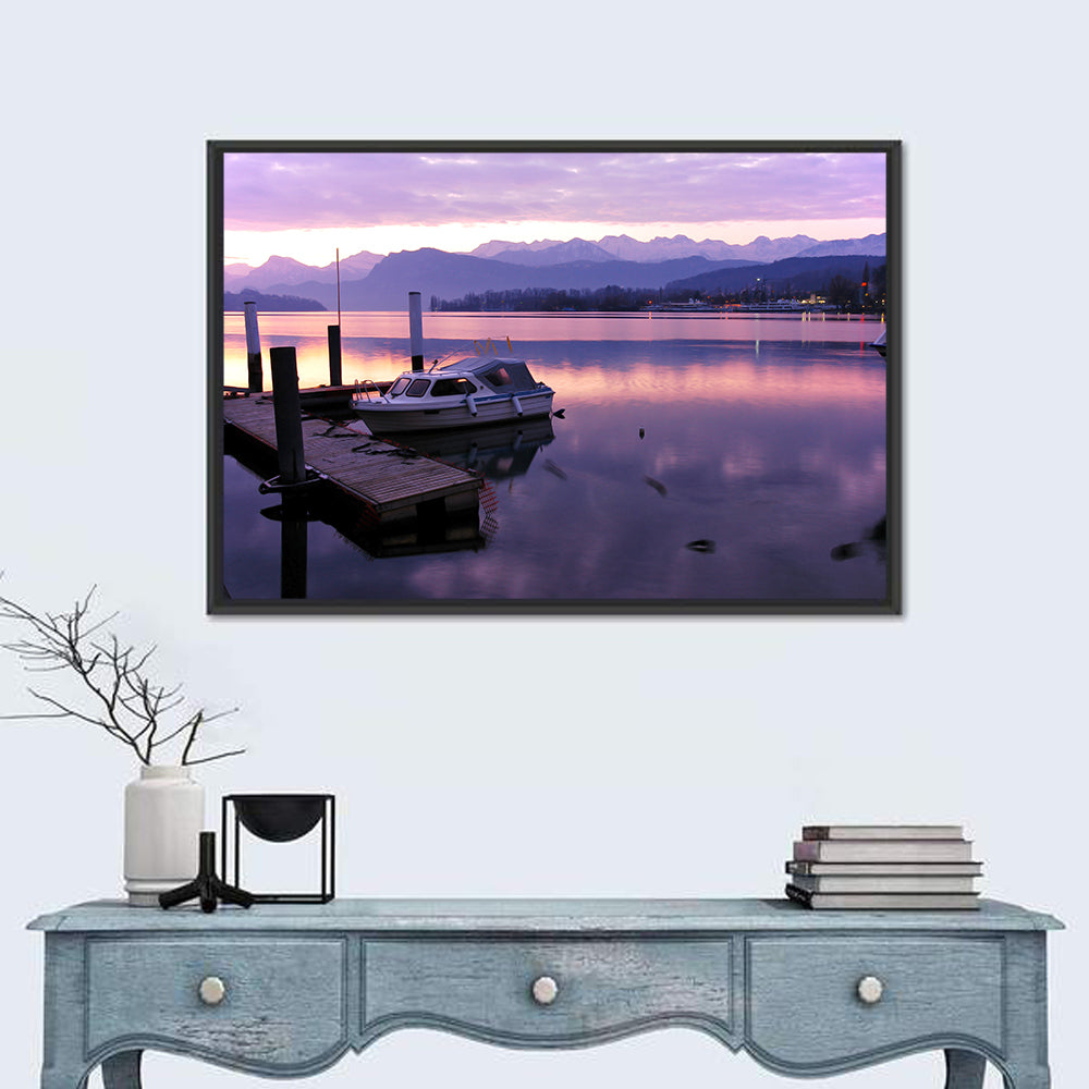 Lake Lucerne Pier at Dusk Wall Art in a room, landscape