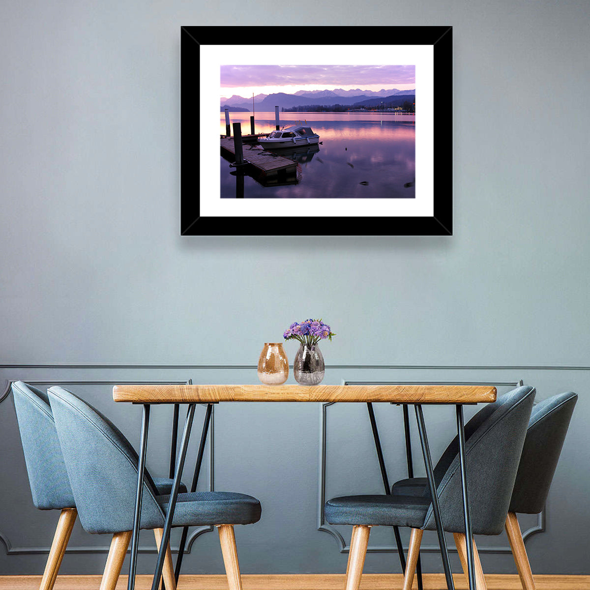 Lake Lucerne Pier at Dusk Wall Art in a room, landscape