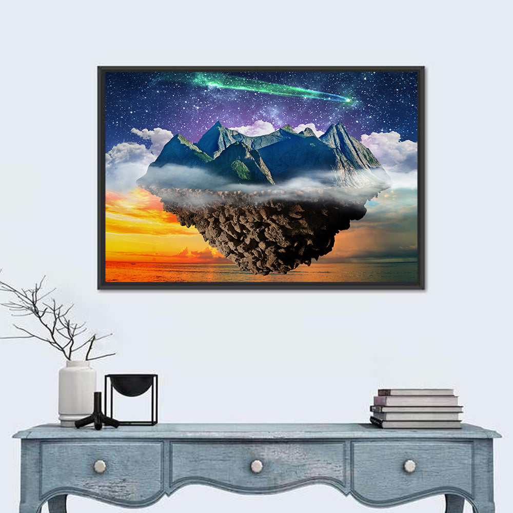 Starry Floating Mountain Island Wall Art in a room, landscape