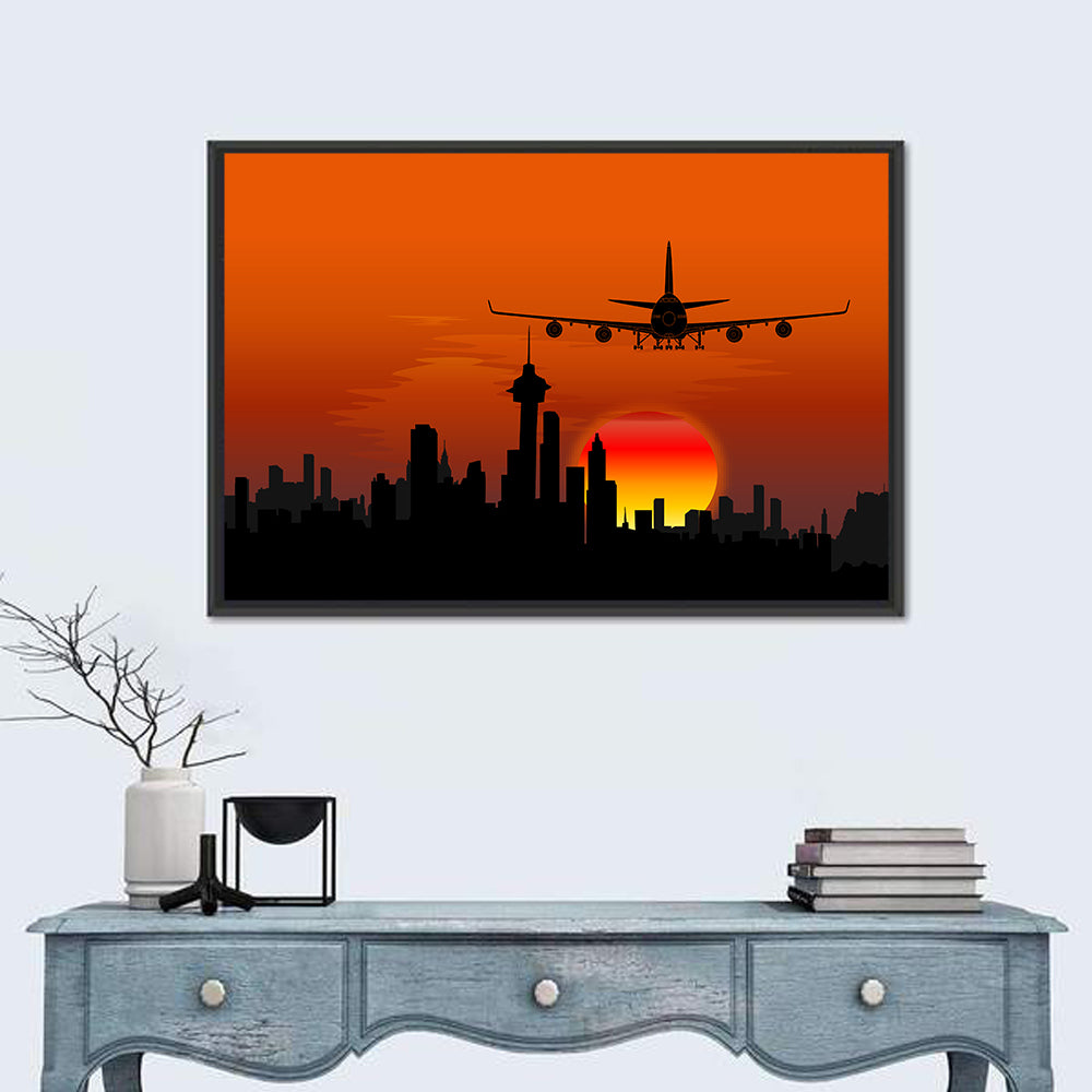 Approaching Jet Over Sunset Skyline Wall Art