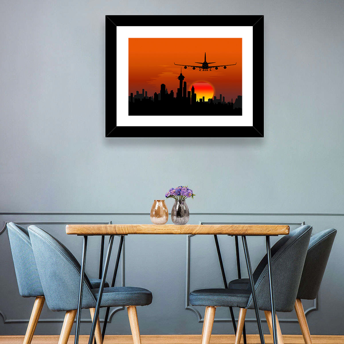 Approaching Jet Over Sunset Skyline Wall Art
