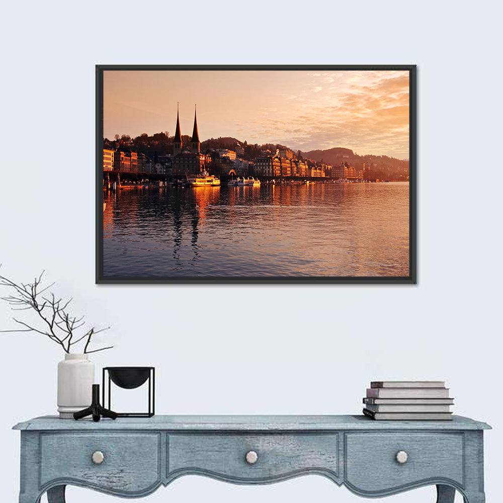 Lucerne Lake Sunset Skyline Wall Art in a room, landscape