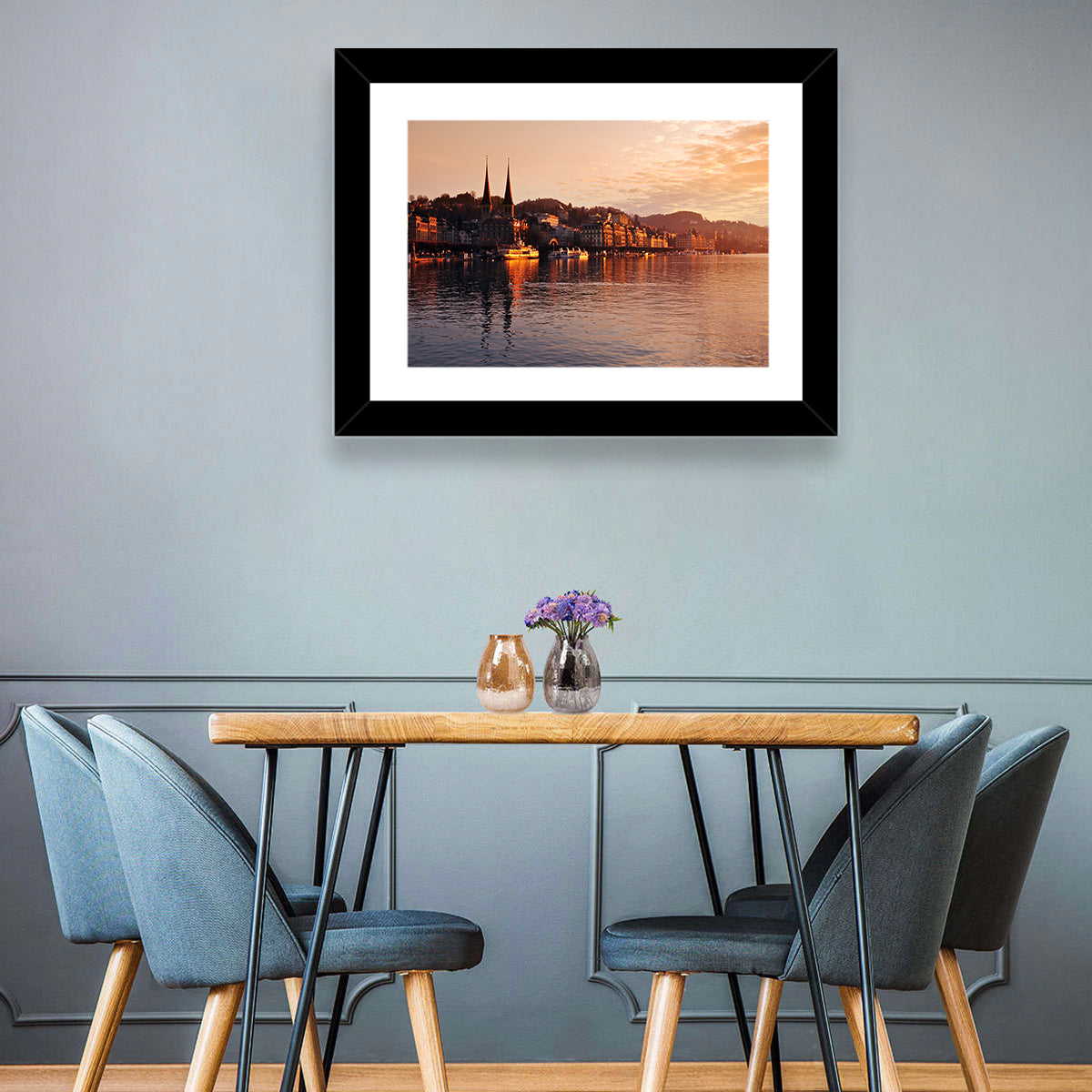 Lucerne Lake Sunset Skyline Wall Art in a room, landscape
